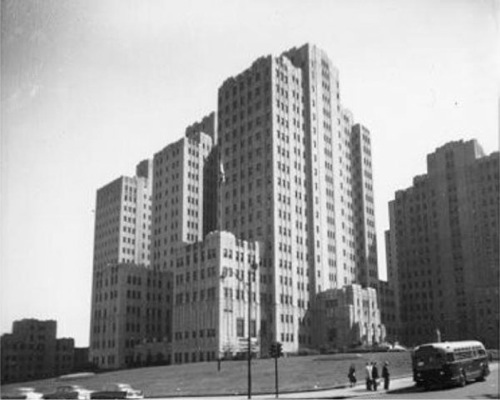 A ground view looking up the medical center complex.